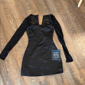 Lulu's Black Satin Dress with Lace Sleeves